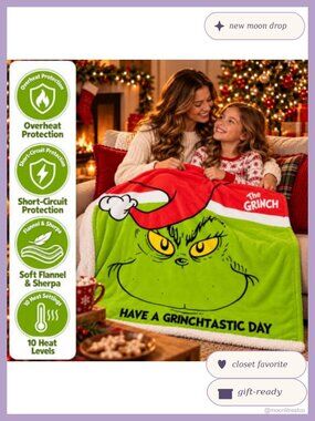 Bedding | Grinch Heated Throw Blanket 5x65 Fleece Sherpa Electric ...